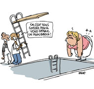 Marine Le Pen victime d'une chute dans sa piscine... vide - Dessin de Deligne