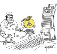 L'avocat de Bernard Tapie et le juge arbitre Pierre Estoup en garde à vue - Dessin de Mutio