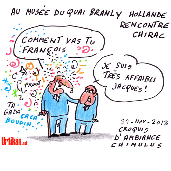 François Hollande rend hommage à un Jacques Chirac affaibli - Dessin de Chimulus
