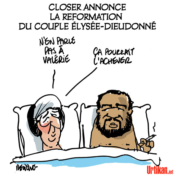 Hollande, Dieudonné : Scoop et info poubelle - Dessin de Deligne