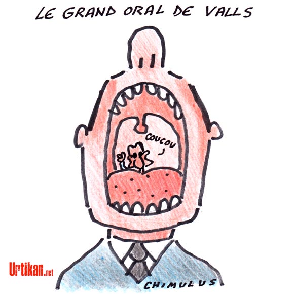 Grand oral : Valls dévoile son jeu - Dessin de Chimulus