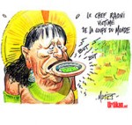 Le chef indien Raoni profite du Mondial pour parler de l’Amazonie - Dessin de Mutio