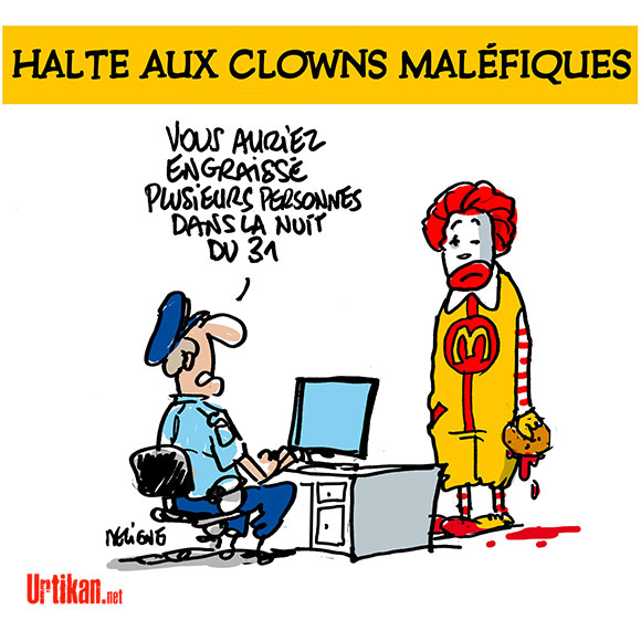 Clowns et humour gras : la police veille - Dessin de Deligne