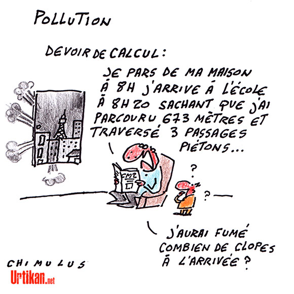 Pics de pollution à Paris : l'équivalent de la fumée de 8 cigarettes dans 20 m2 ! - Dessin de Chimulus