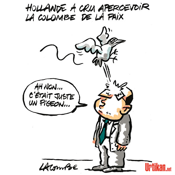 Hollande et le pigeon très "Charlie" - Dessin de Lacombe