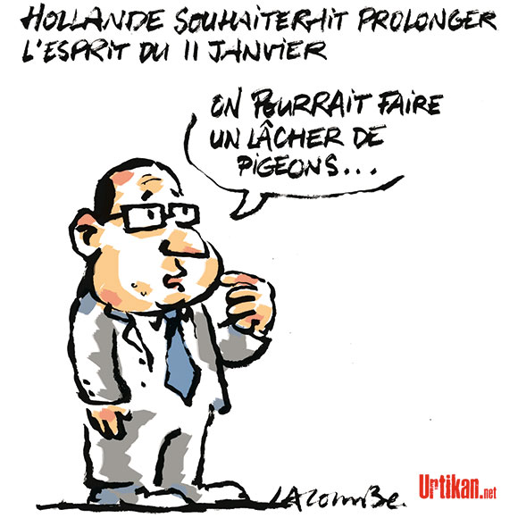 Le plan de Hollande pour perpétrer "l'esprit du 11 Janvier" - Dessin de Lacombe
