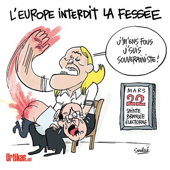 La réponse clignante de Marine Le Pen à François Hollande - Dessin de Soulcié