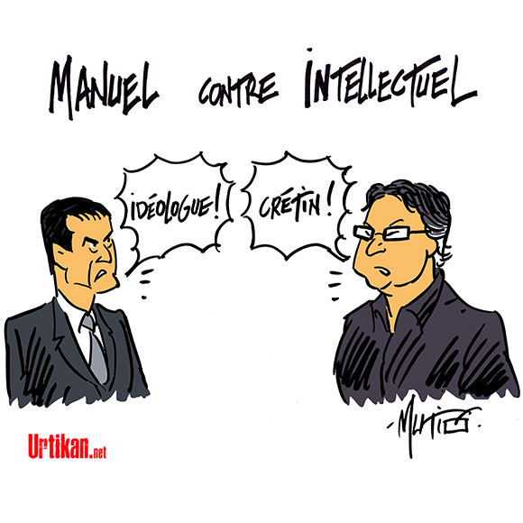 Duel à distance entre Manuel Valls et Michel Onfray - Dessin de Mutio