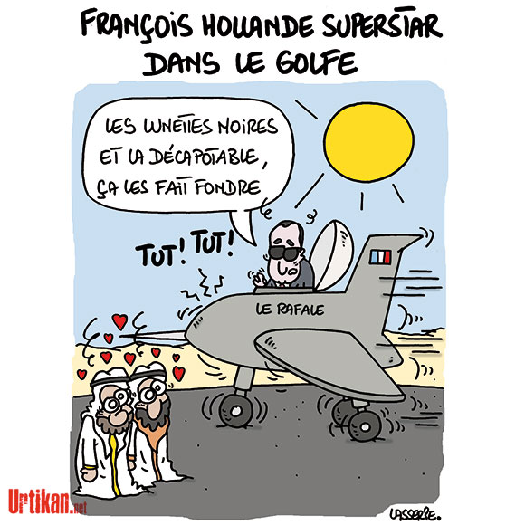 Hollande se félicite de la vente des avions Rafale au Qatar - Dessin de Lasserpe