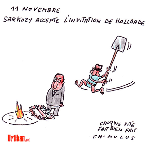 Cérémonie : entre Sarkozy et Hollande, la paix du 11 Novembre - Dessin de Chimulus