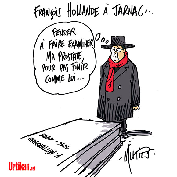 A Jarnac, François Hollande rend un hommage silencieux à François Mitterrand - Dessin de Mutio