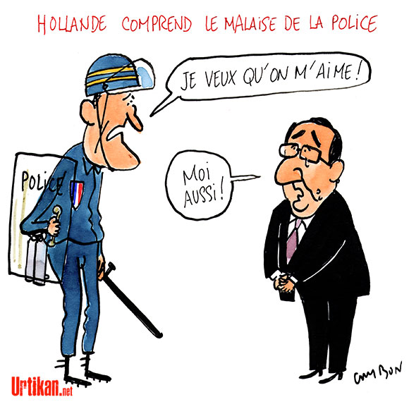 Violences : Hollande a apporté un "soutien très clair" aux policiers - Dessin de Cambon
