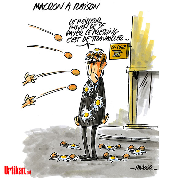 Après les jets d'oeufs, Macron refuse de se "bunkeriser" - Dessin de Faujour
