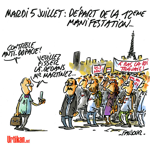 Loi Travail: Fouilles et contrôles reconduits pour la dernière manifestation de l'été - Dessin de Faujour