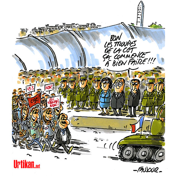 Défilé militaire : le dernier 14 Juillet du quinquennat Hollande - Dessin de Faujour