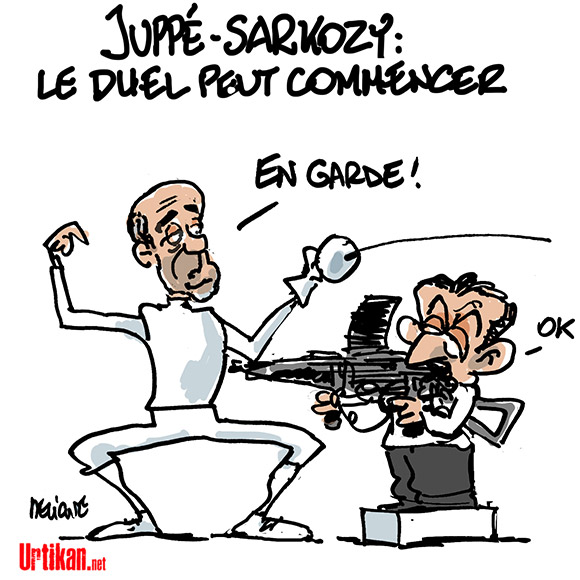 Primaire à droite: Alain Juppé et Nicolas Sarkozy se rendent coup pour coup - Dessin de Deligne