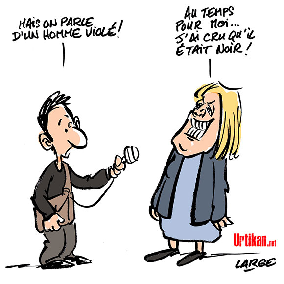 Marine Le Pen ne condamne pas les violences policières contre Théo à Aulnay-sous-Bois - Dessin de Large